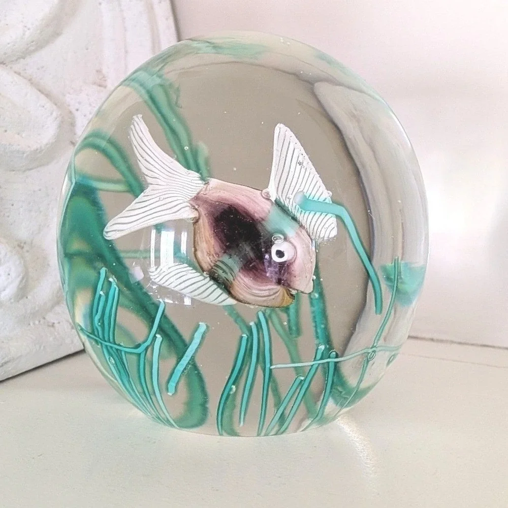 Vtg Fratelli Toso Murano Purple/Yellow Fish Seaweed Paperweight Glass Aquarium - Picture 1 of 9